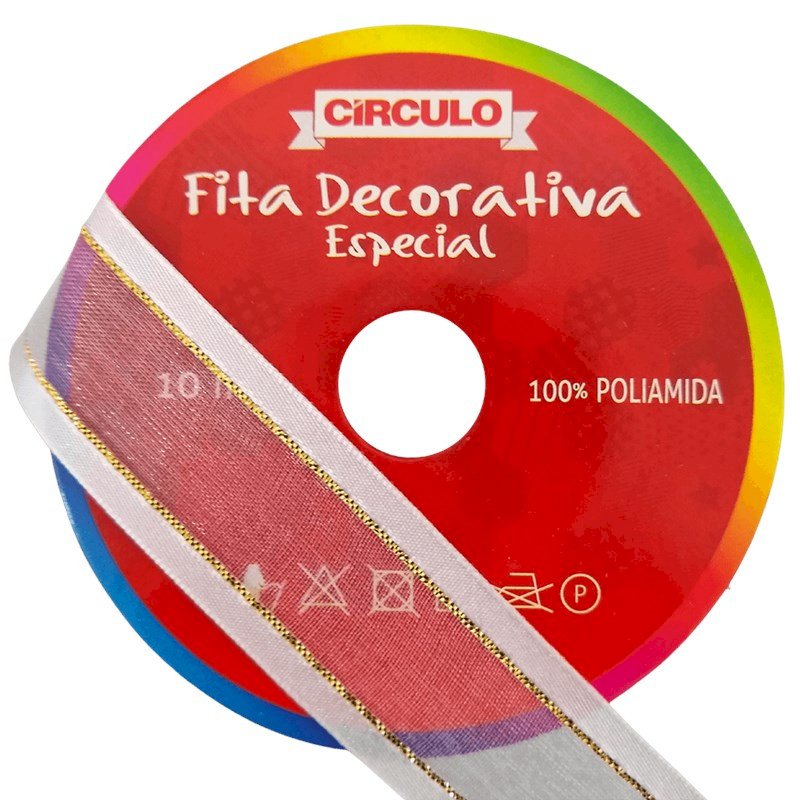 Fita Voil Circulo c/borda cetim Ref:352926 cor301-BRANCO 22mm 10mt
