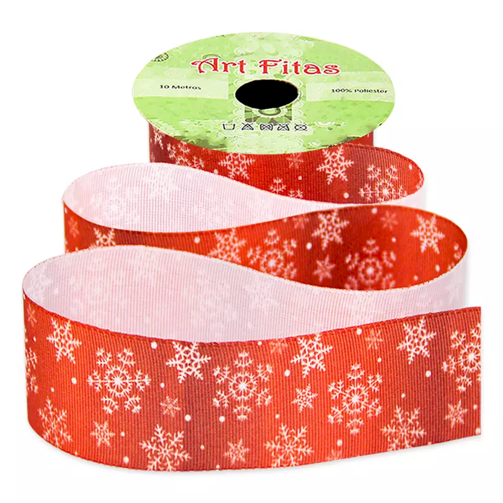 Fita Gorgurão FlocoNeve (Fundo Vermelho) ArtFitas Ref:G2019 38mm 10mt