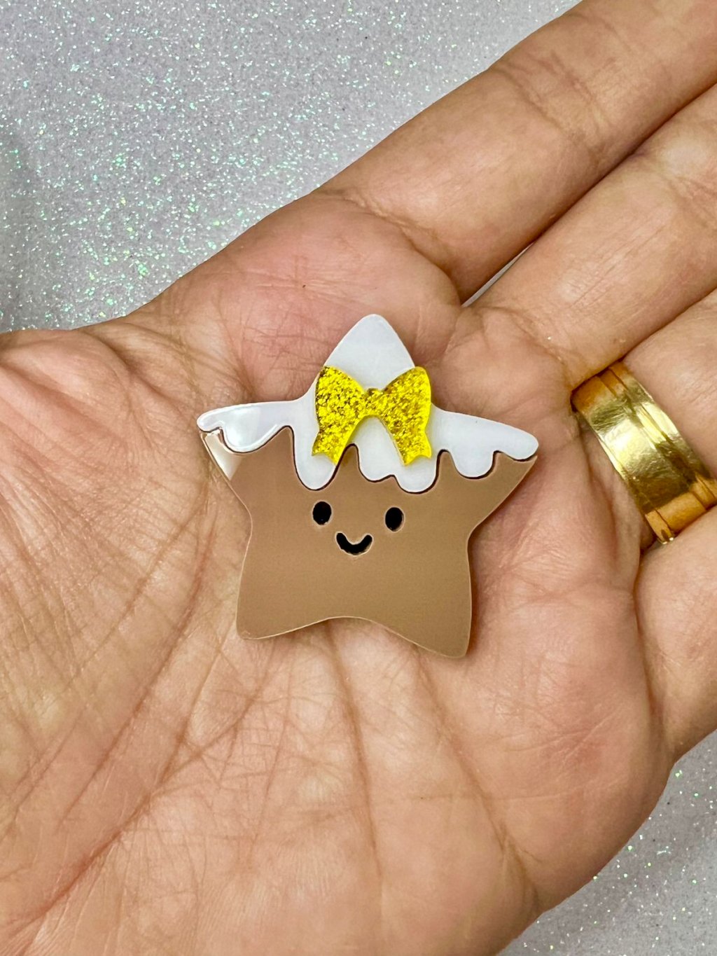 Aplique Acrílico 2D ESTRELA Natal PatImport Ref:439352 Laço Ouro 35mm 01und