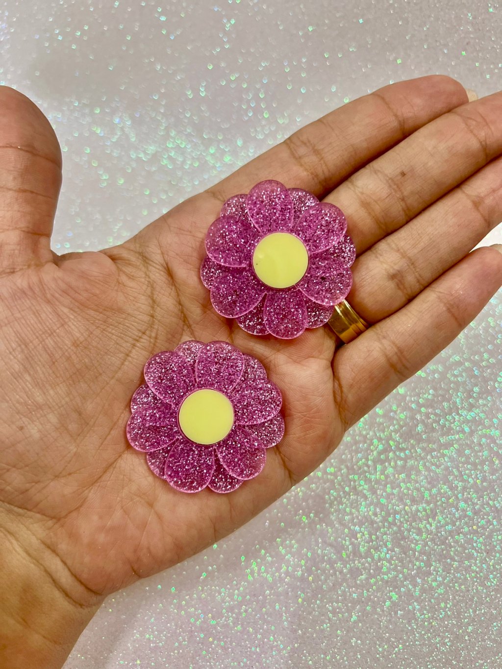 Aplique Acrílico 2D Flor GLITTER DSJAcril Ref:4336 PINK 40mm 01und