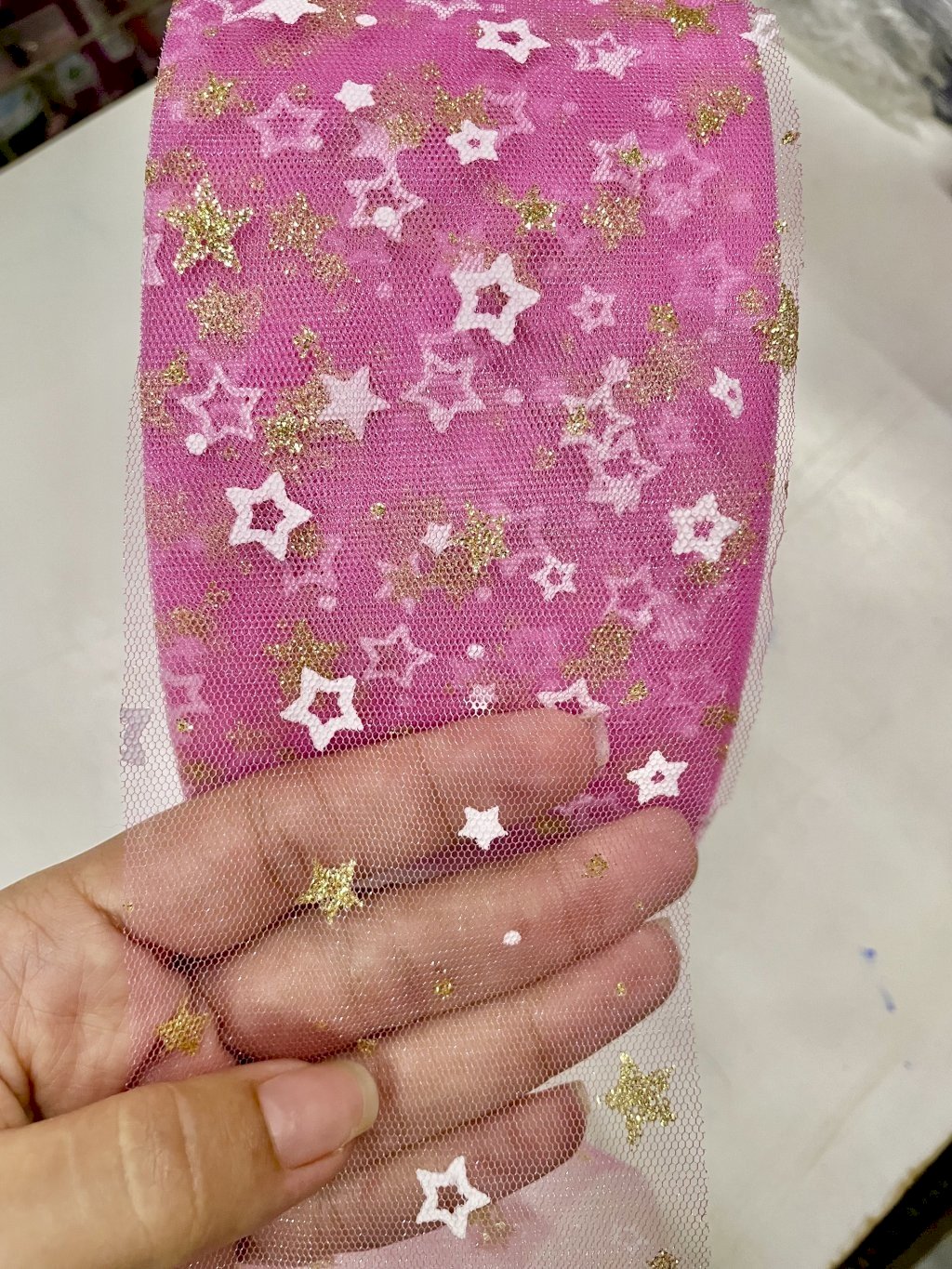 Fita Tule Estrela ROSA MÉDIO JPimport 80mm 03mt