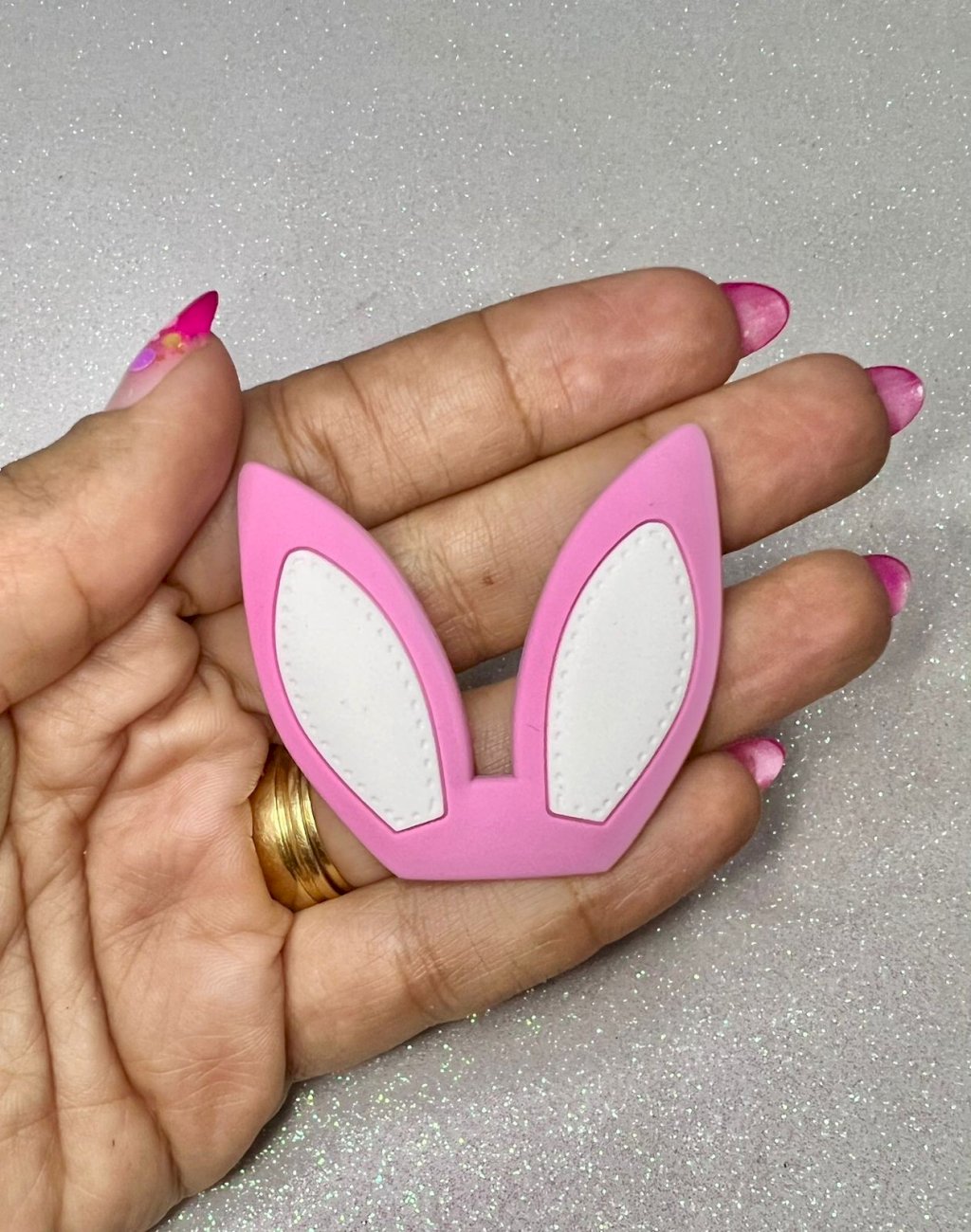 Aplique Emborrachado Orelha Coelho FRRImport Ref:2514 ROSA/BRANCO 50mm 02und