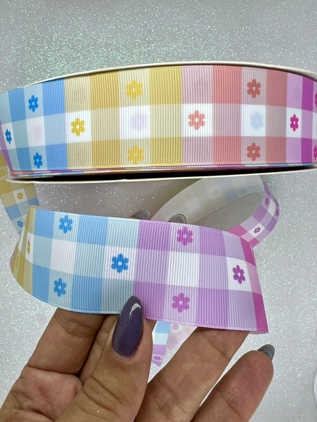 Fita Gorgurão Xadrez Flor Yama n°9 CANDY 38mm 05mt