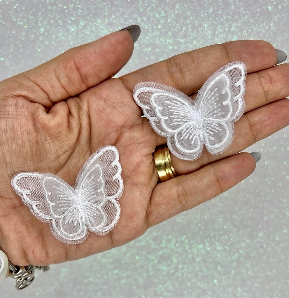 Aplique Borboleta Voil Bordada Dupla PatImport Ref:23842 BRANCO 50mm 02Und