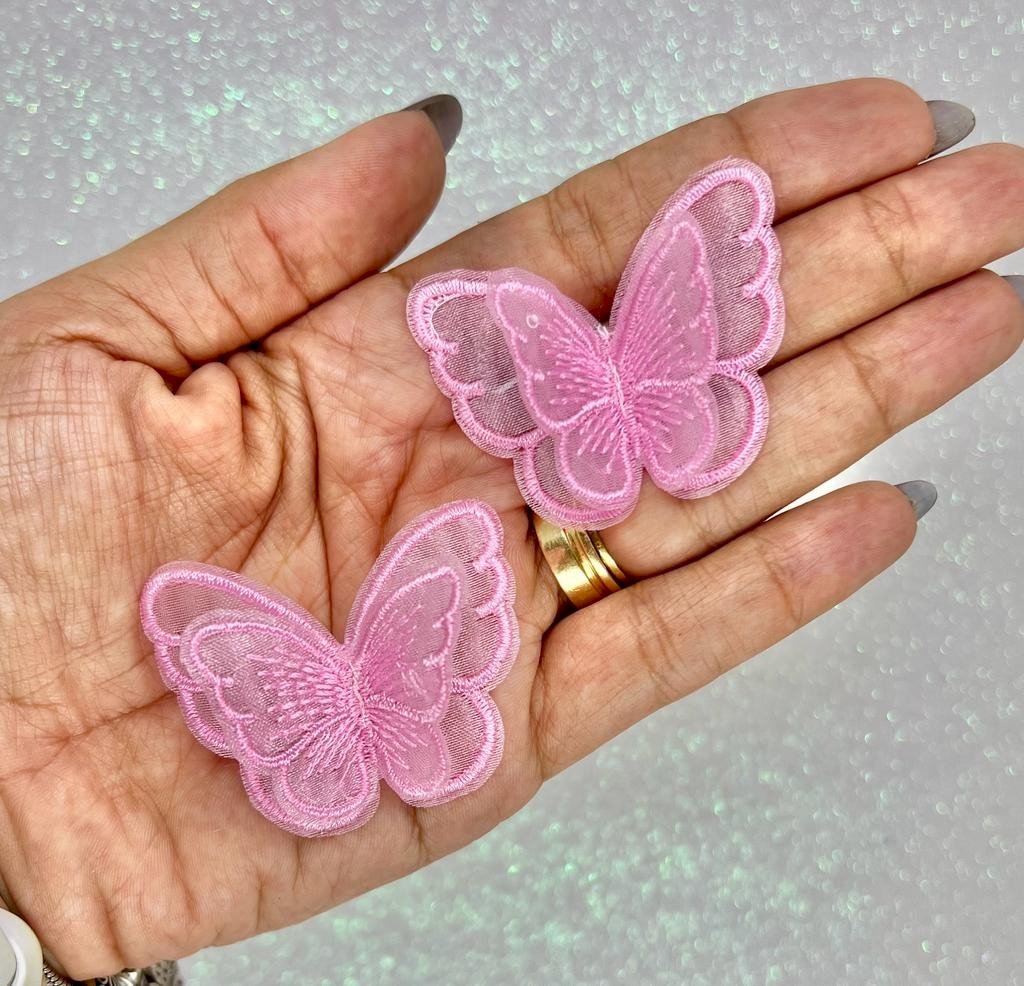 Aplique Borboleta Voil Bordada Dupla PatImport Ref:23842 ROSA CLARO 50mm 02Und