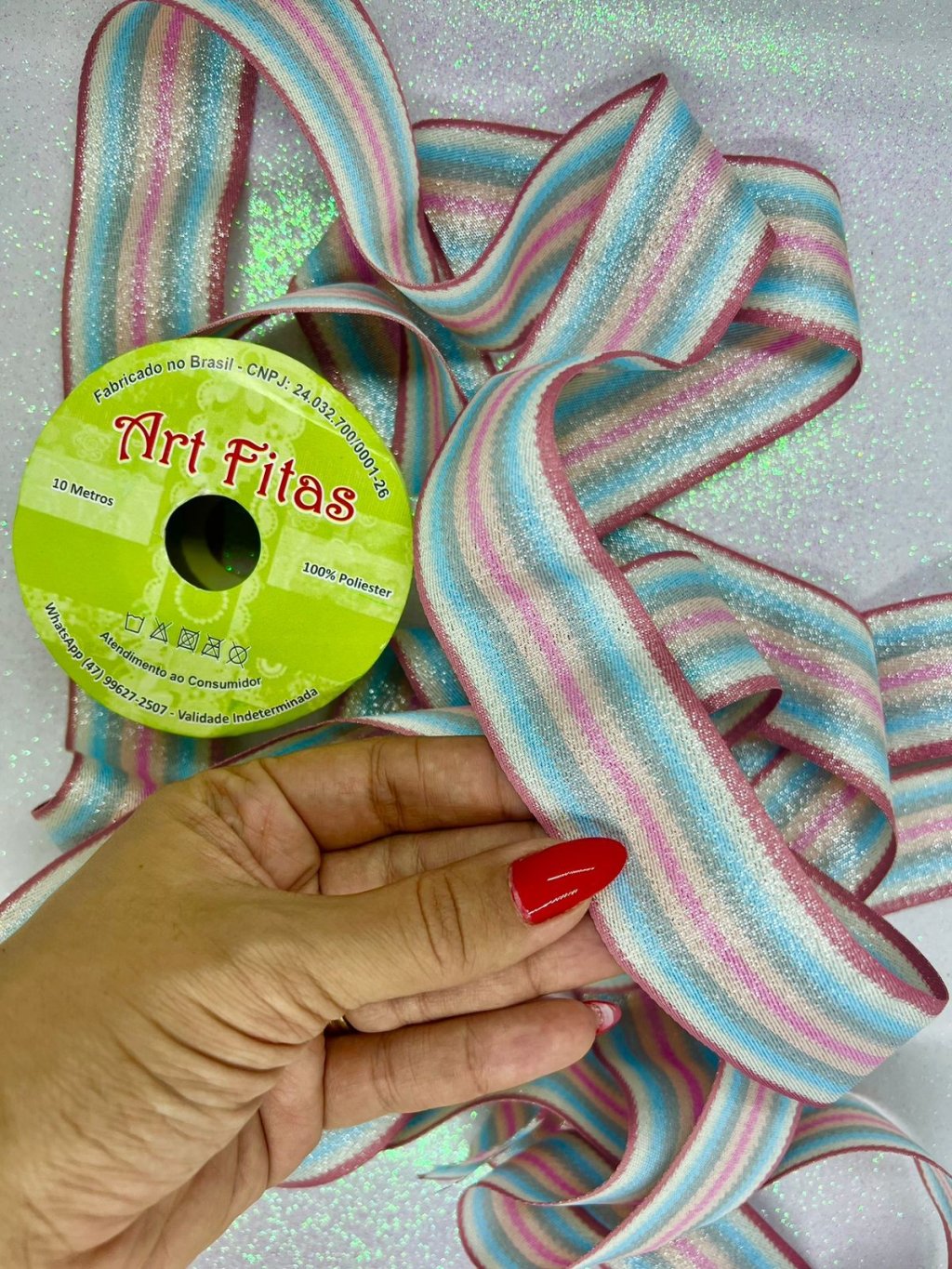 Fita Gorgurão Listra Rosa/Azul Lurex ArtFitas Ref:PB47 38mm