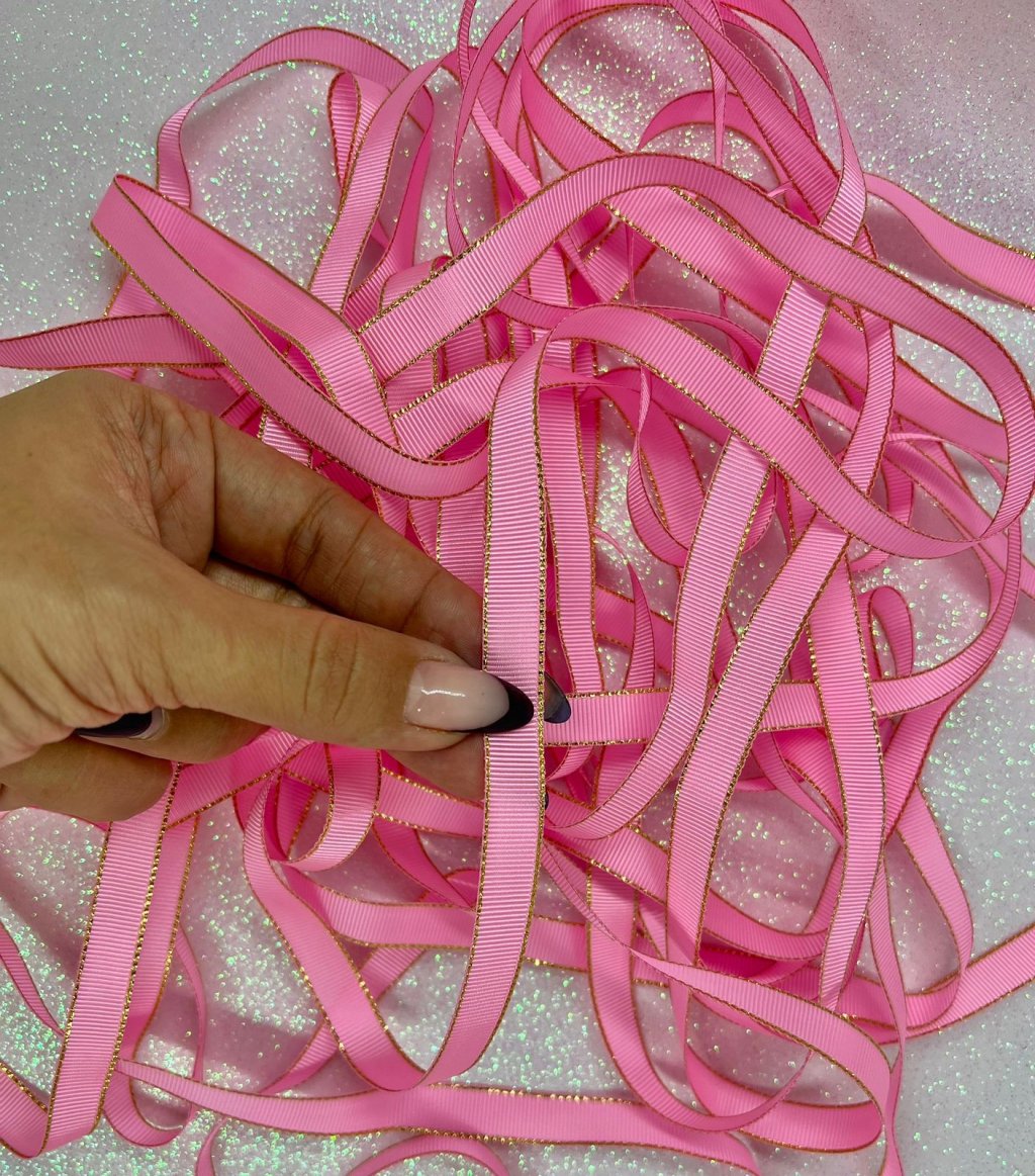  Fita Gorgurão para Laços Progresso Ref:GLD002 Cor1365-ROSA IOGURTE/OURO 10mm