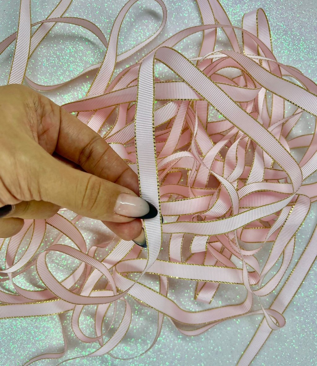  Fita Gorgurão para Laços Progresso Ref:GLD002 Cor206-ROSA BEBÊ/OURO 10mm 