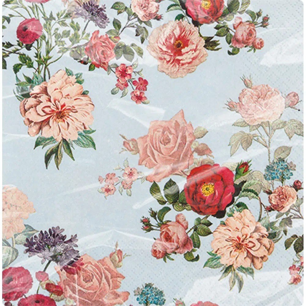 Guardanapo para Decoupage Toke e Crie HomeFashion Ref:21936-FLORES E ROSAS FUNDO AZUL 33x33cm