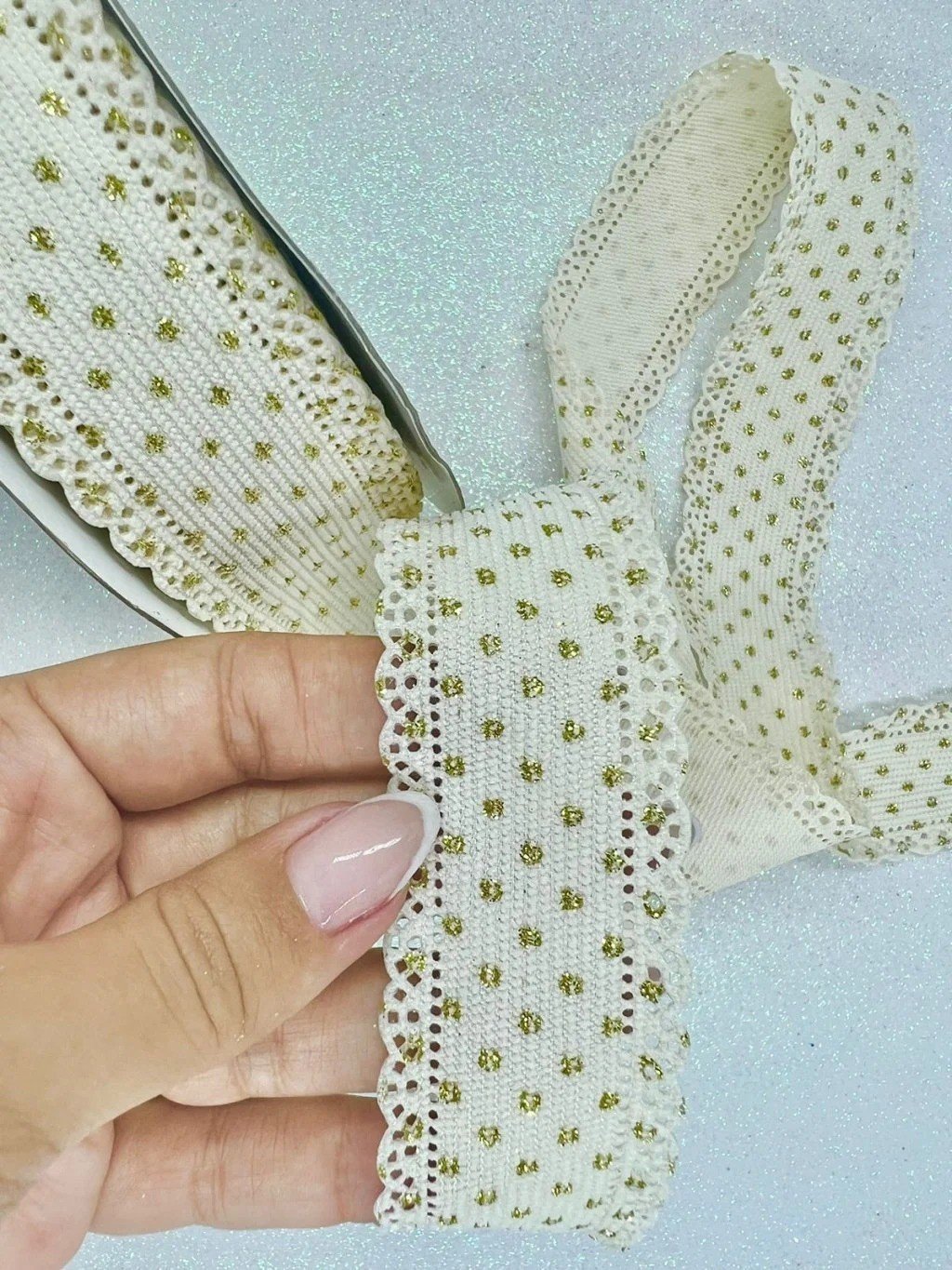 Fita Veludo Cotelê Poá Gliter Lomil Ref:50519 OFFWHITE 38mm 02mt