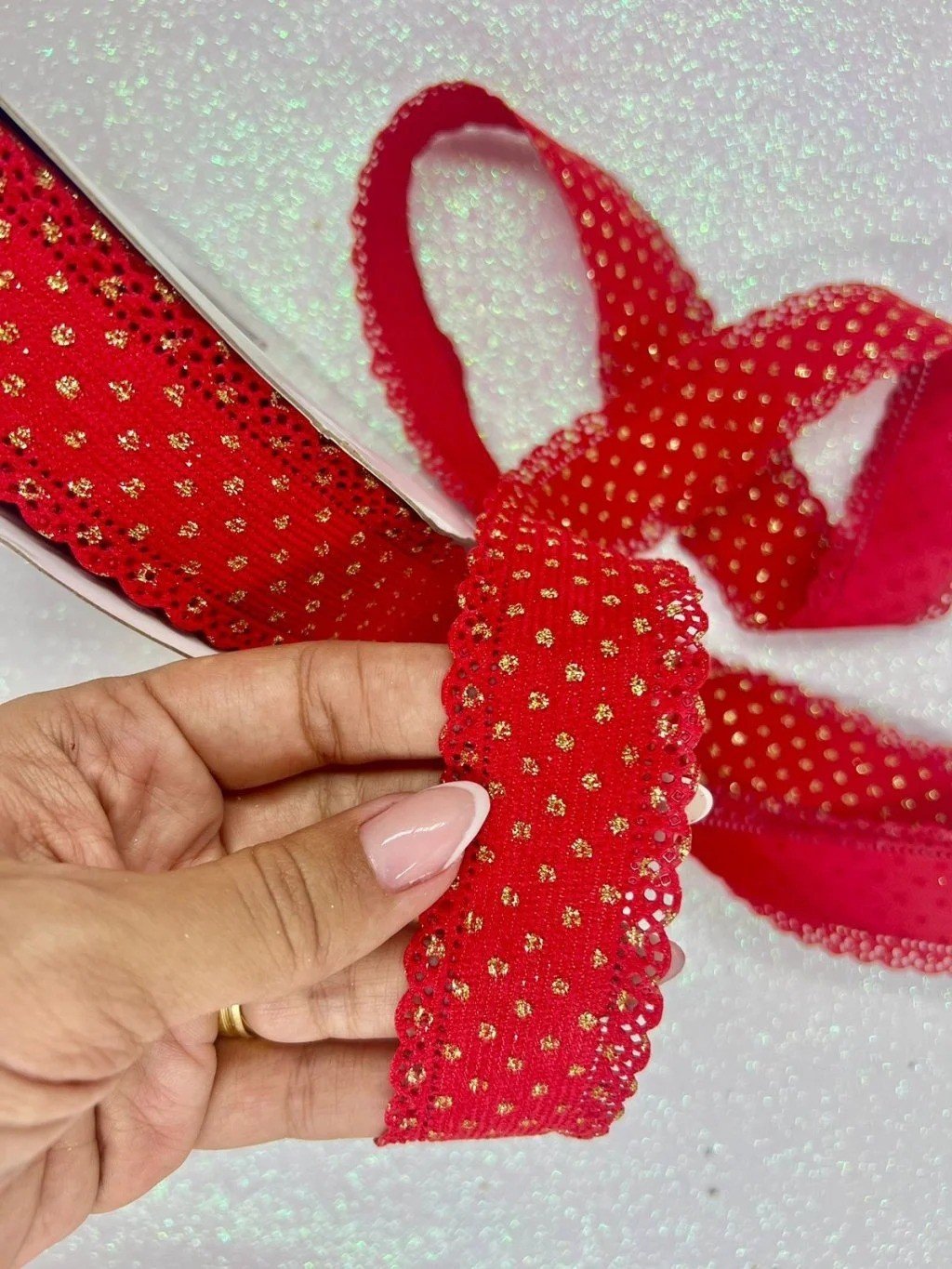 Fita Veludo Cotelê Poá Gliter Lomil Ref:50519 VERMELHA 38mm 02mt