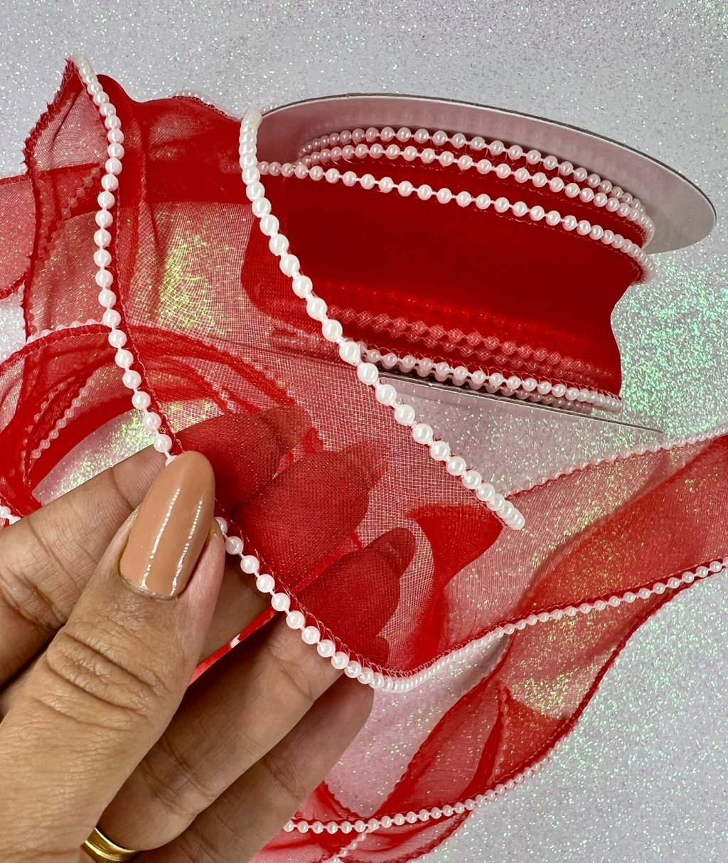 Fita Organza c/Pérola Mili Ref:49880 VERMELHA 38mm 02mt