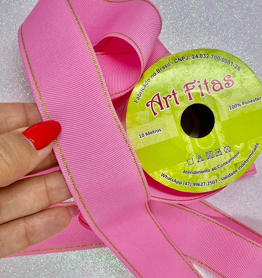 Fita Gorgurão Borda Dourada ArtFitas Ref:BR02 ROSA BARBIE 38mm 