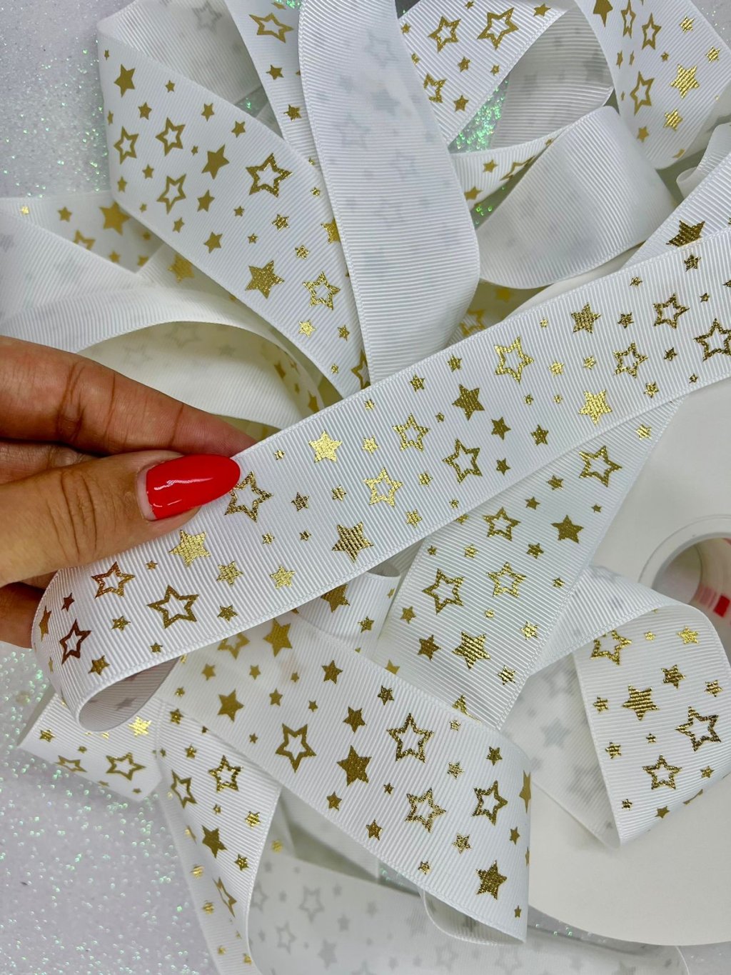 Fita Gorgurão Estrela Vazada/Natal Yama Cor029-White/Gold 38mm 05mt