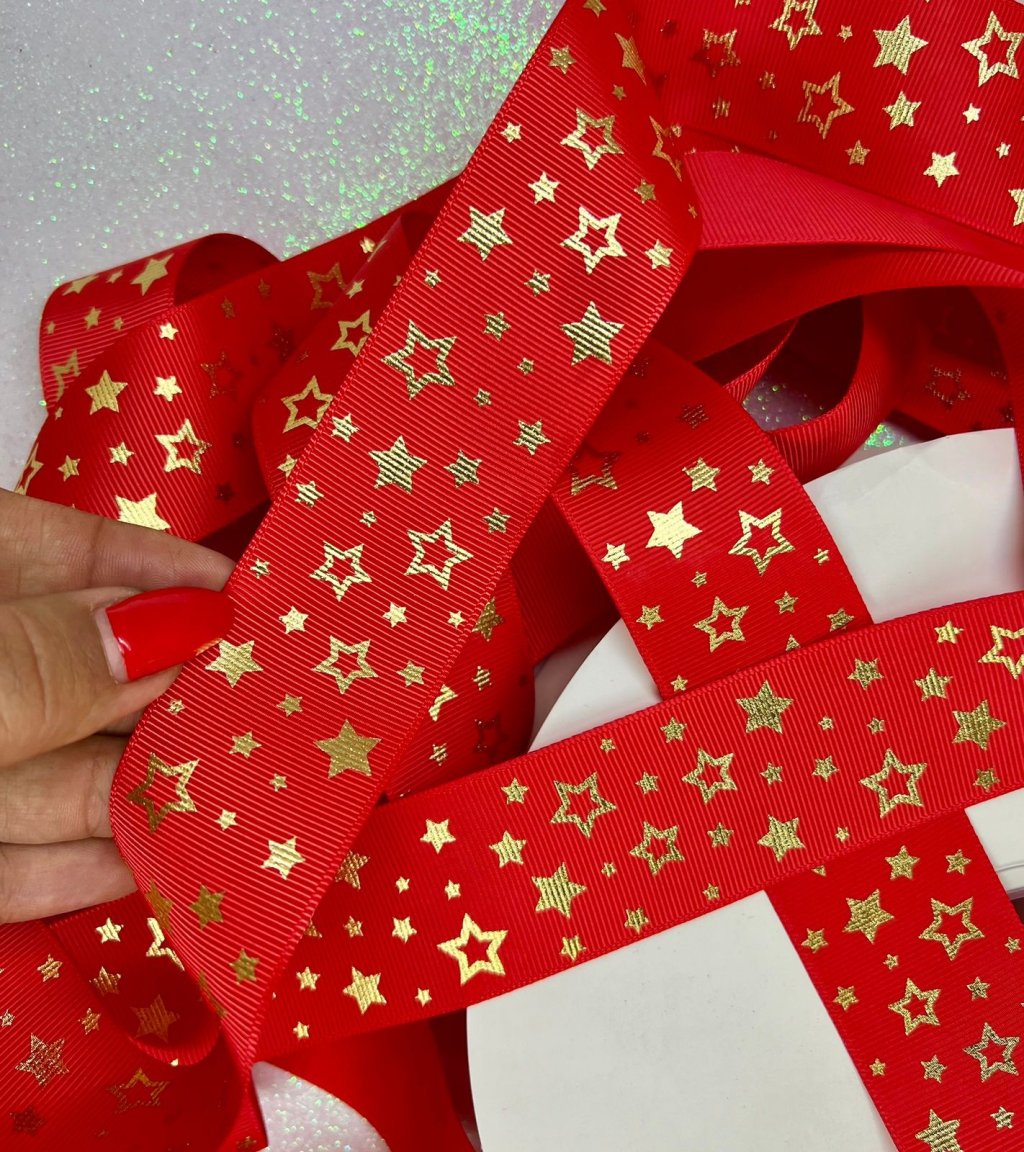 Fita Gorgurão Estrela Vazada/Natal Yama Cor235-PopRed/Gold 38mm 05mt