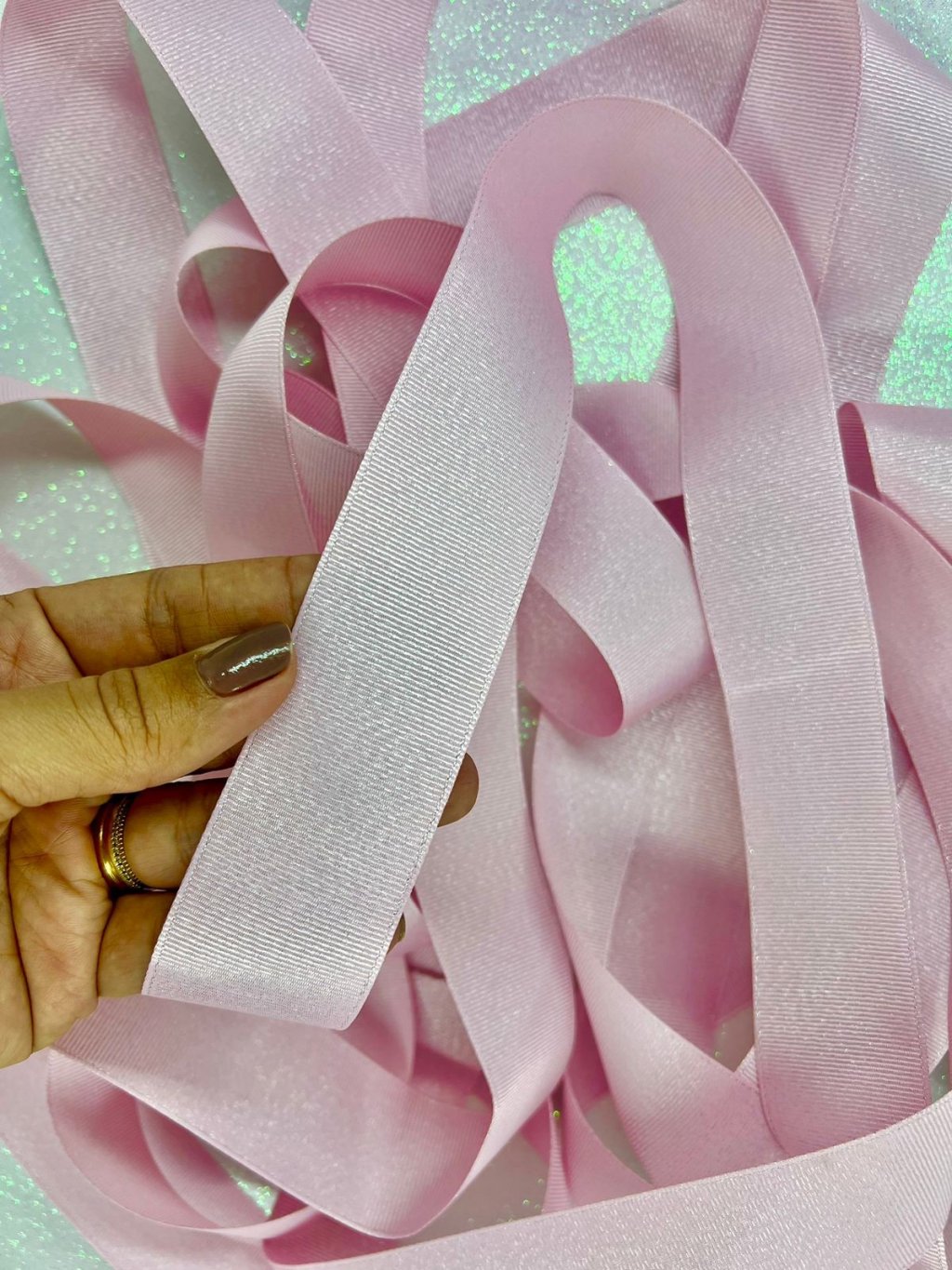 Fita Gorgurão Brilho Yama cor123-PEARL PINK/PRATA 38mm 05mt