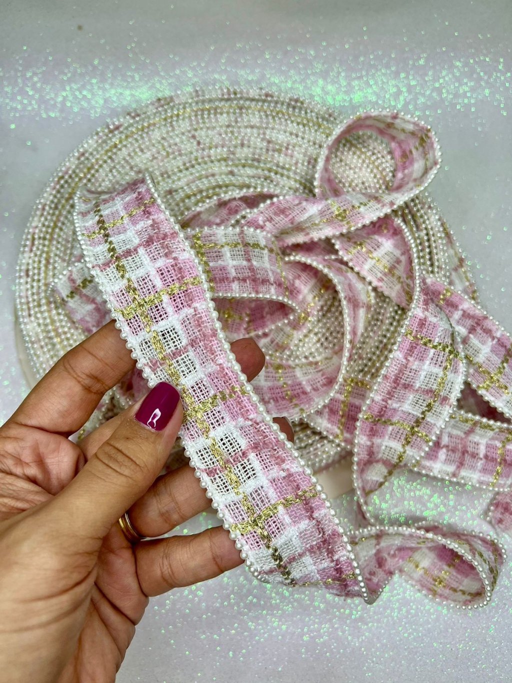 Fita Xadrez c/Pérola PatImport Ref:10466 ROSA/OURO 38mm 03mt