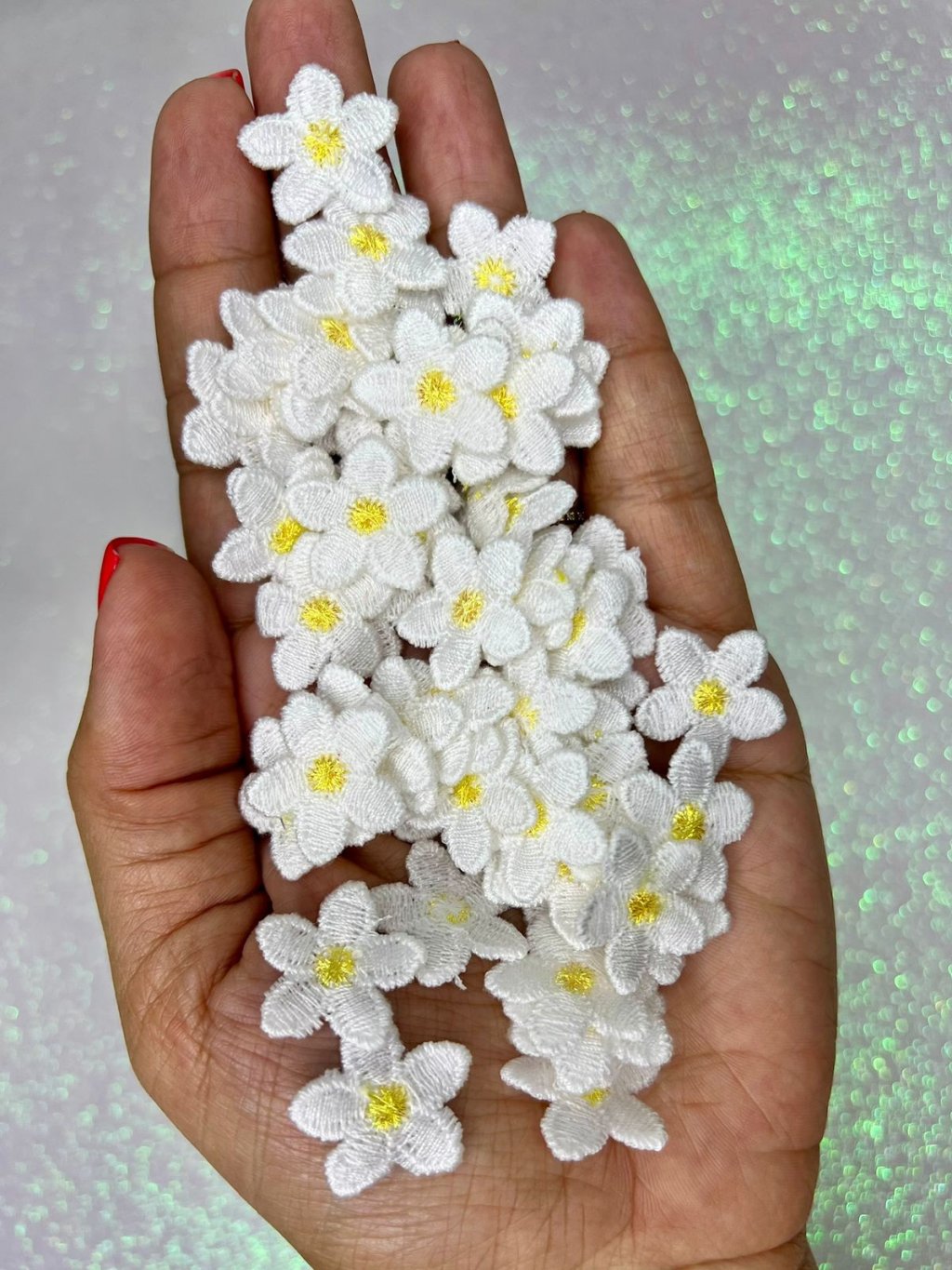 Aplique Margarida Bordada PatImport Ref:2220 BRANCO/DOURADO 20mm 10und