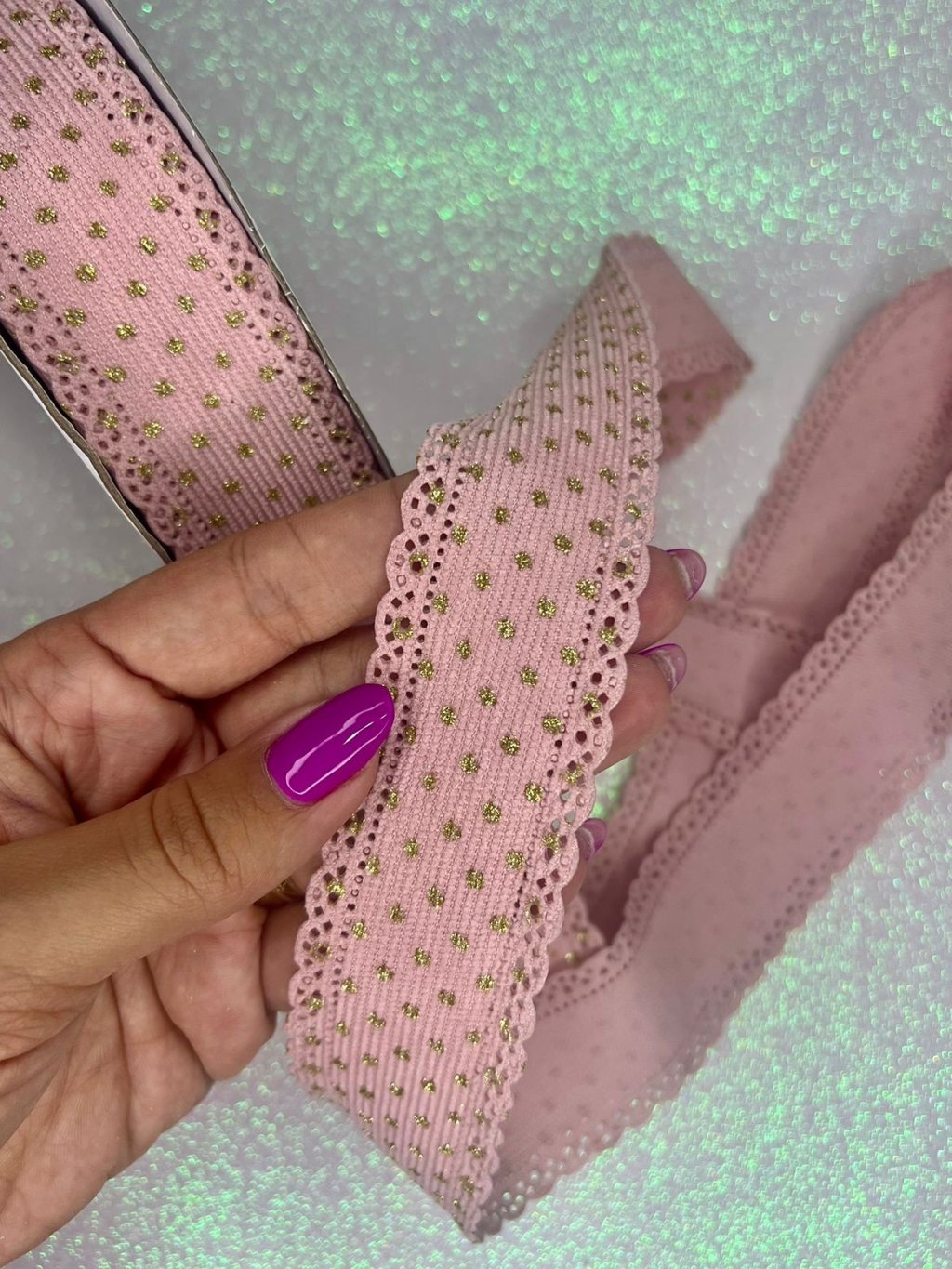 Fita Veludo Cotelê Poá Gliter PatImport Ref:6976 ROSA SECO 38mm 03mt