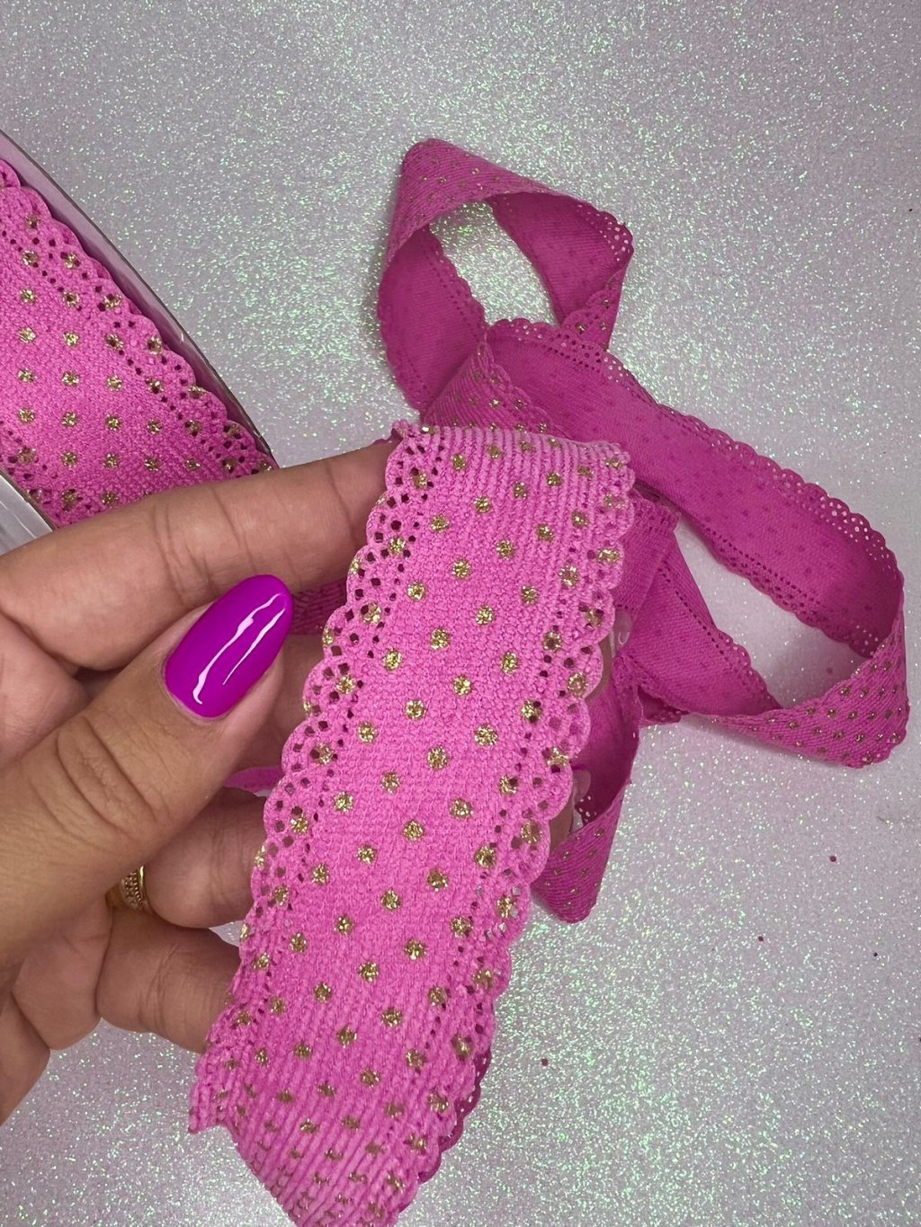 Fita Veludo Cotelê Poá Gliter PatImport Ref:6976 ROSA PENELOPE 38mm 03mt