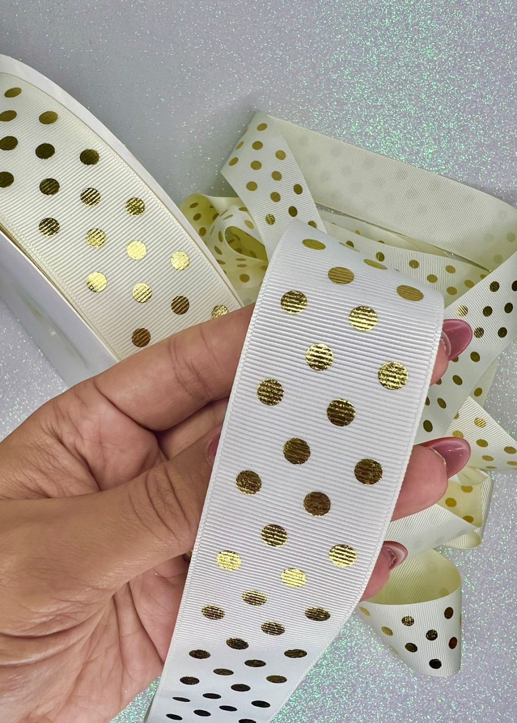 Fita Gorgurão Poá Metalizado Yama Cor028-ANTIQUE WHITE 38mm 05mt