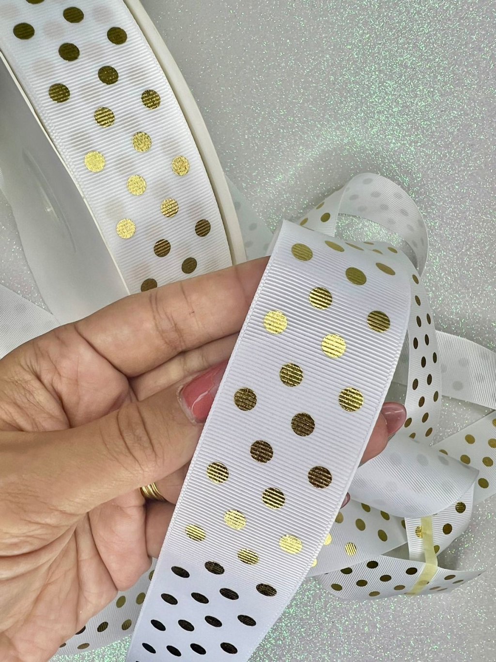 Fita Gorgurão Poá Metalizado Yama Cor029-BRANCO 38mm 05mt