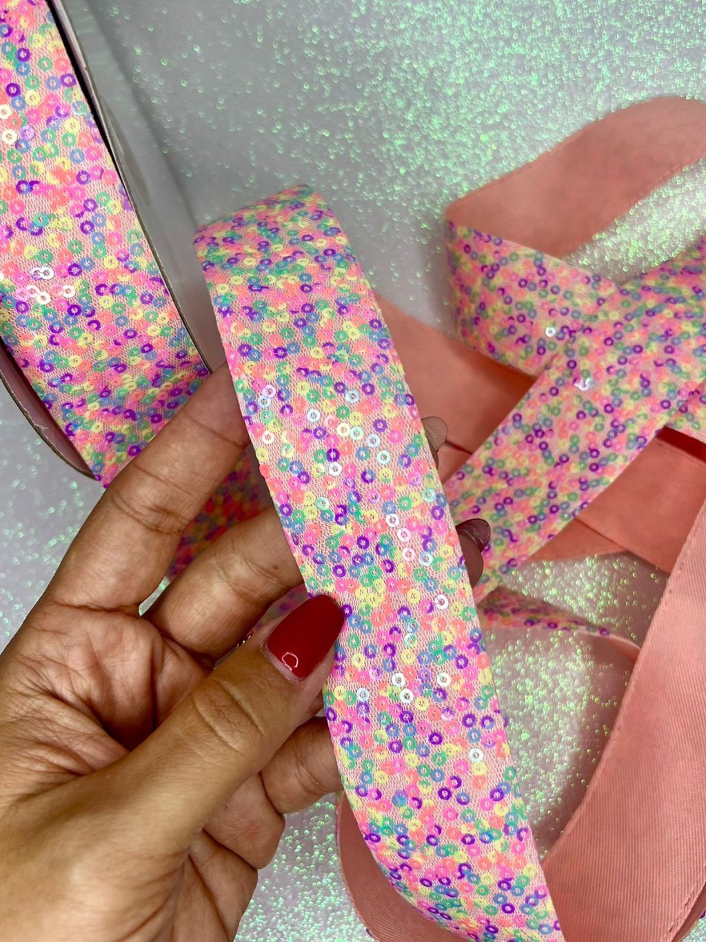 Fita Paetê Mini Lomil Ref:48753 MULTICOR SALMÃO 38mm 02mt