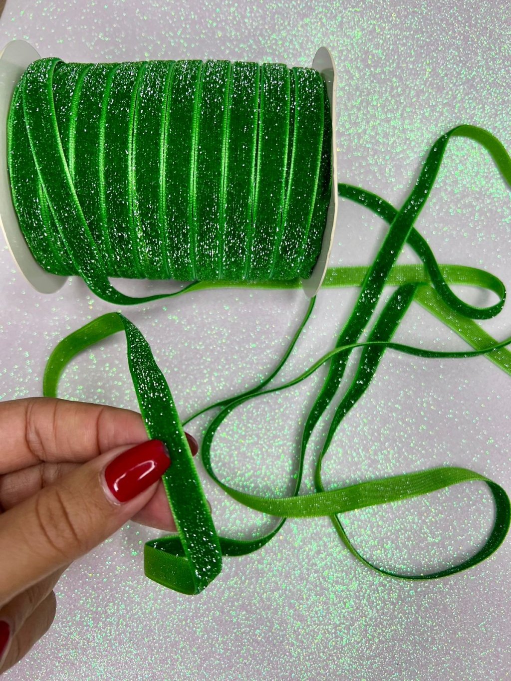 Fita Veludo Lurex Yama Ref:48770 VERDE/PRATA 10mm 03mt