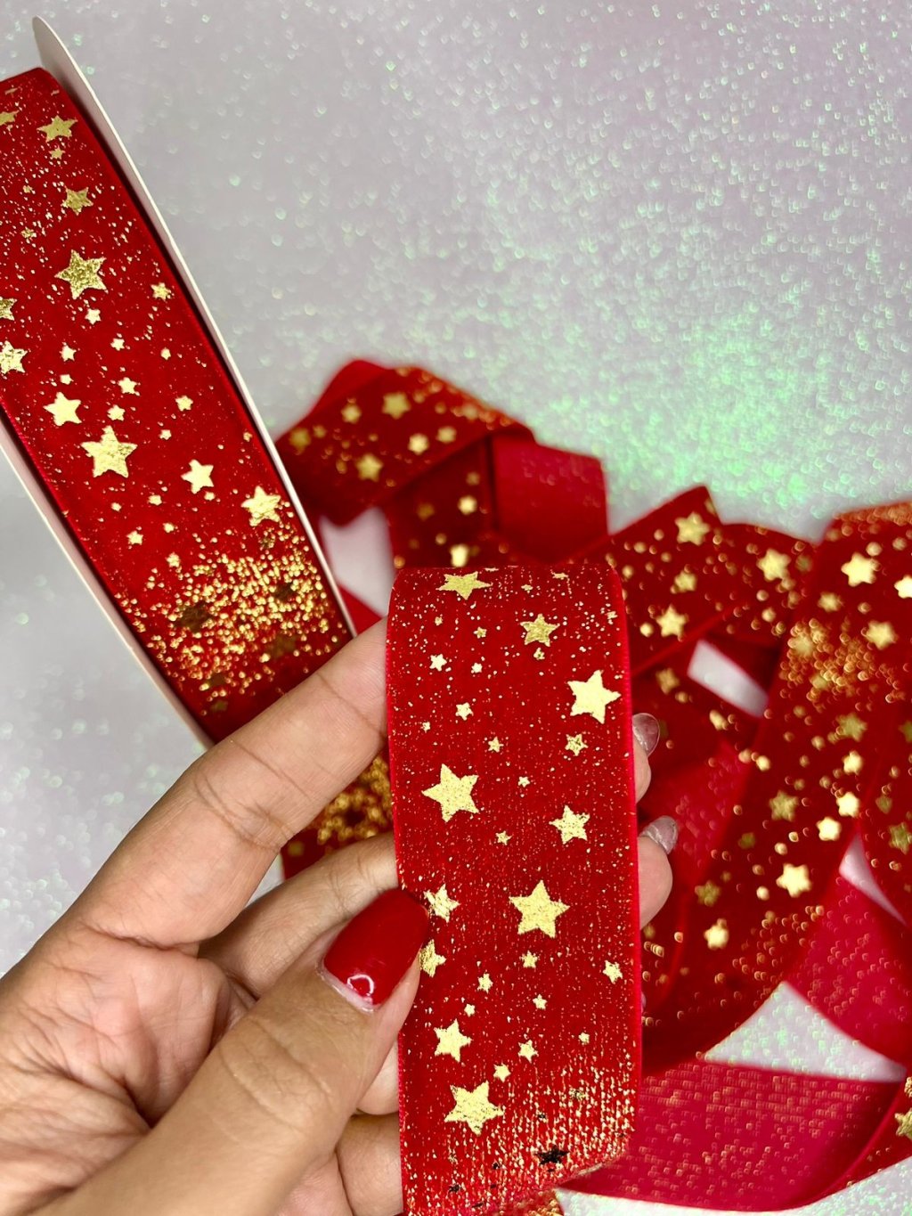 Fita Veludo Lurex STARS Yama Ref:48768 VERMELHO/OURO 38mm 02mt