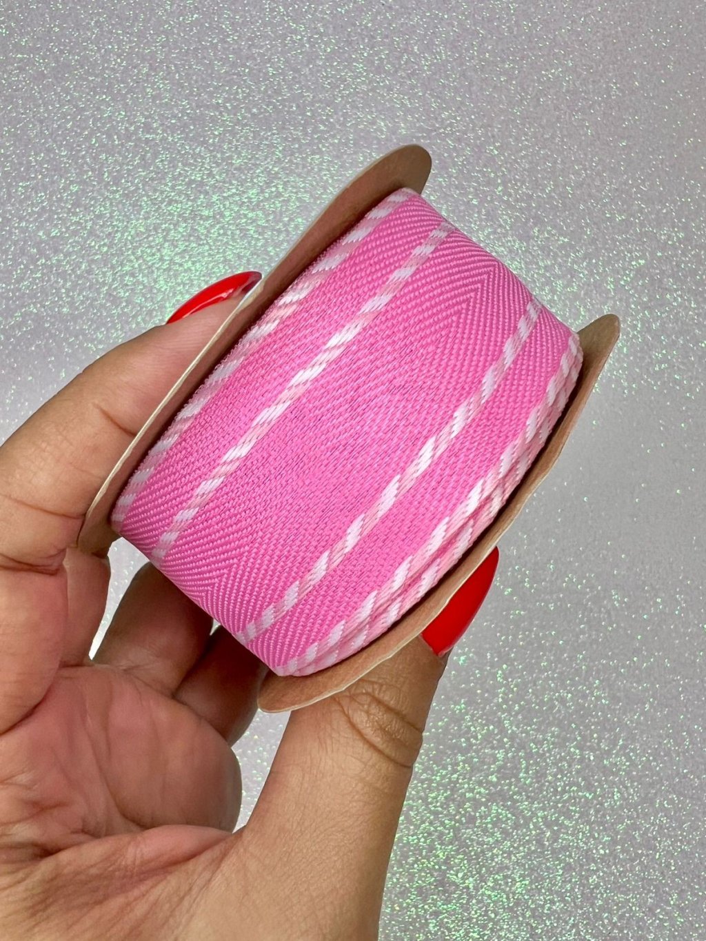 Fita Gorgurão Pesponto Corda Sinimbu Ref:1975/38 Cor:03-ROSA/BRANCO 38mm 10mt