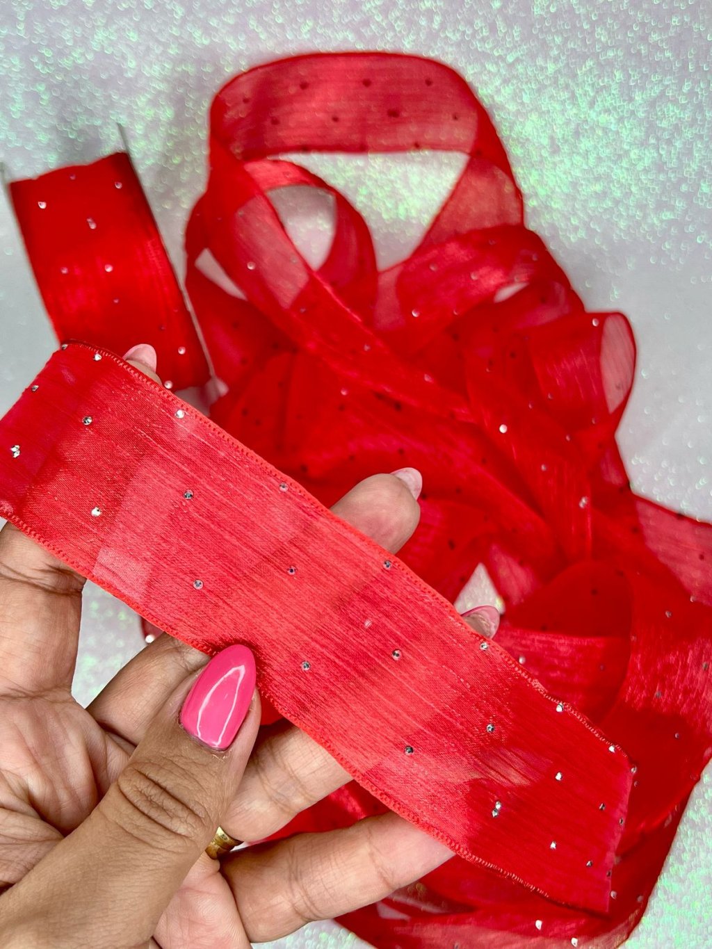 Fita Organza com Strass Mili Ref:49526 VERMELHA 38mm 02mt