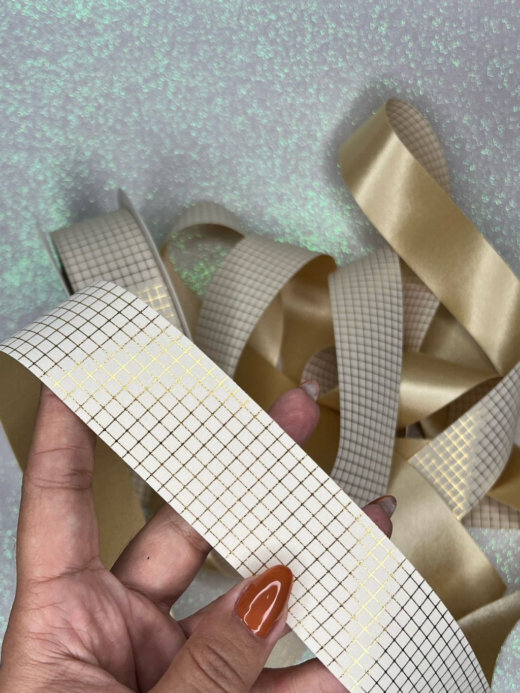 Fita Crepe/Cetim Quadriculada LUXO Mili Ref:49575 BEGE CLARO 38mm 02mt