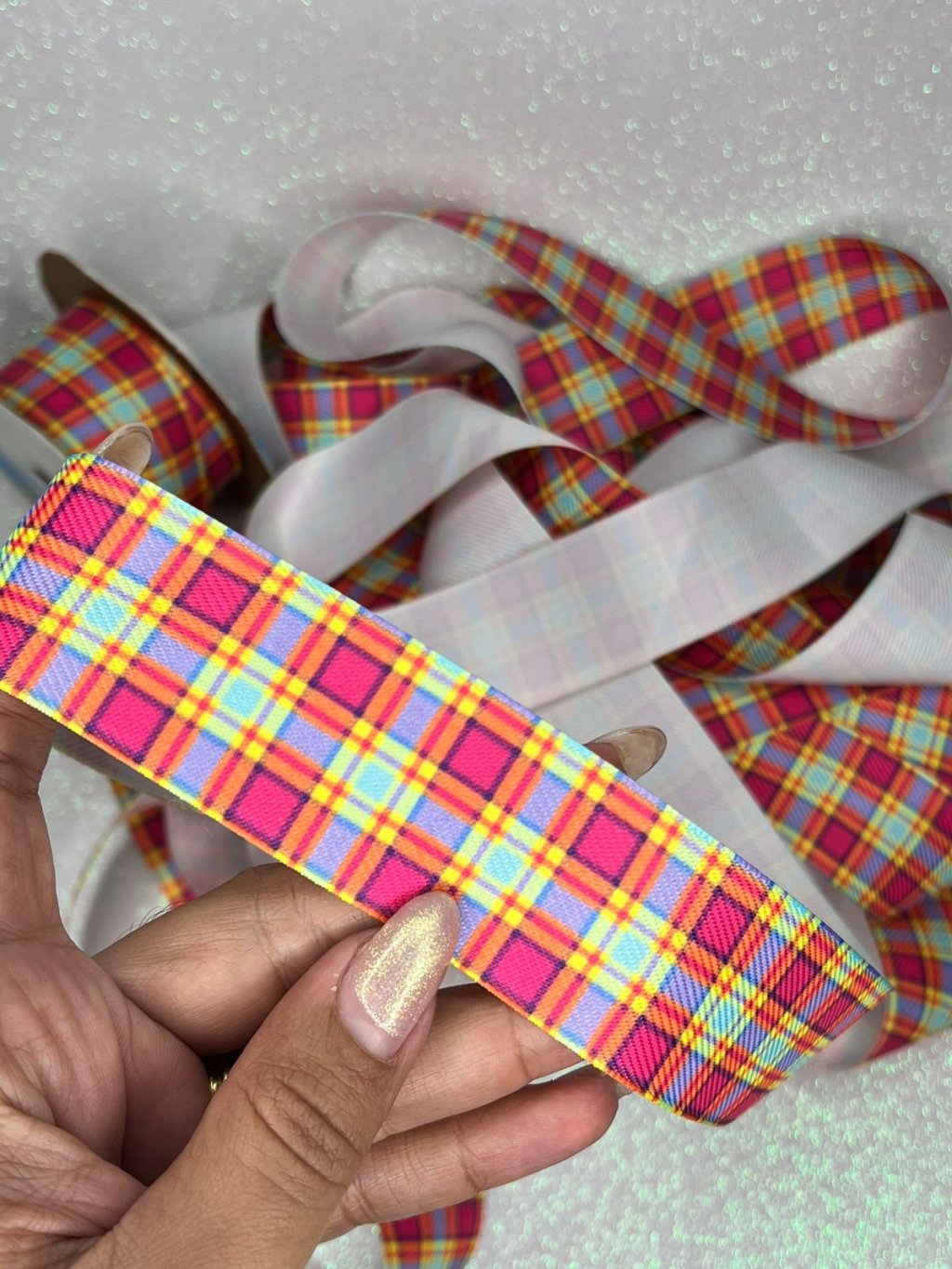 Fita Jeans Xadrez Sinimbu Ref:1949/38 Pink/Roxo/Laranja Cor 38mm