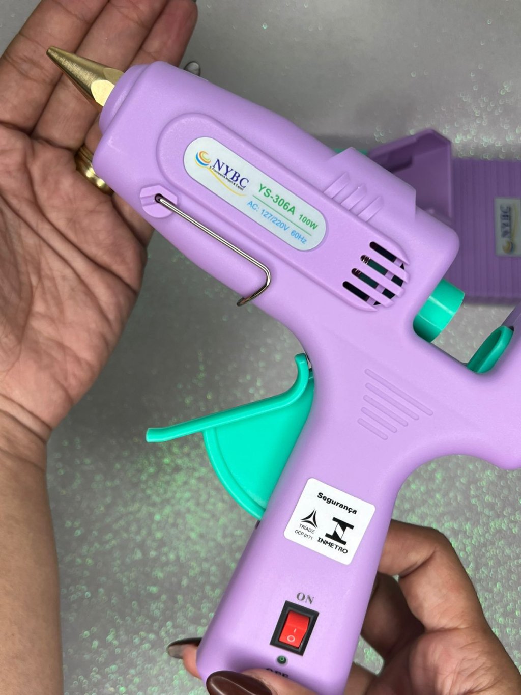 Pistola Cola Quente + Base Nybc Grande Lilás/Verde Potência 100W