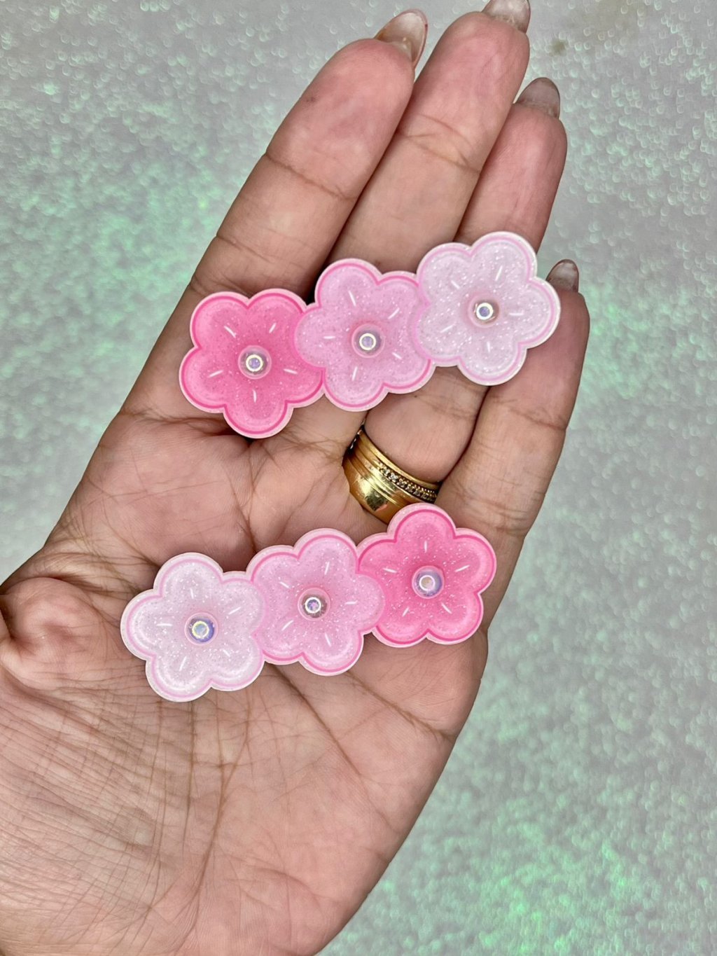 Aplique Trio Flor Gliter/Meia pérola Candy Yama 50042 ROSA 65mm 02und