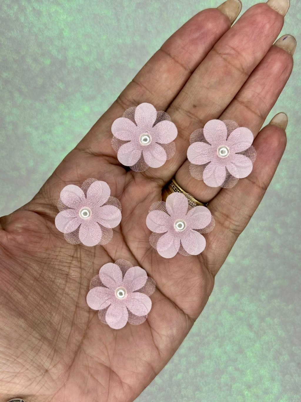 Aplique Flor Dupla Organza c/Pérola PatImport Ref:50156 ROSA CLARO 25mm 05und