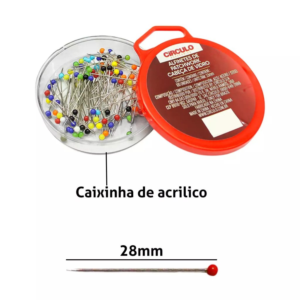 Alfinete Cabeça Vidro Colorida Circulo 28mm 100und