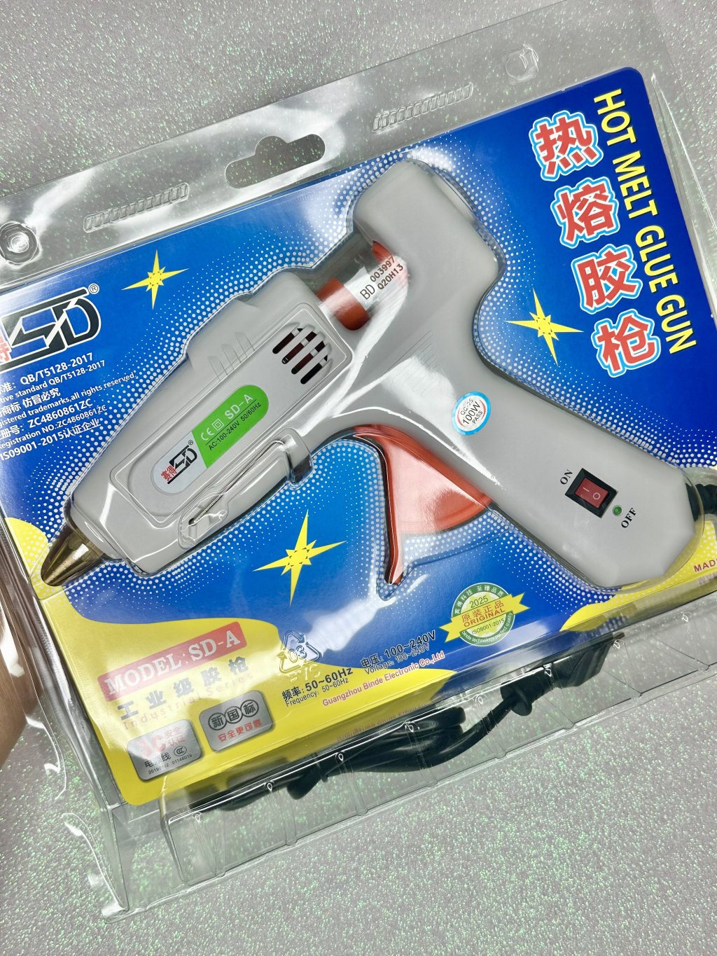 Pistola Cola Quente HotMelt Grande BRANCA Ref:SD-A Liga/Desliga 100W