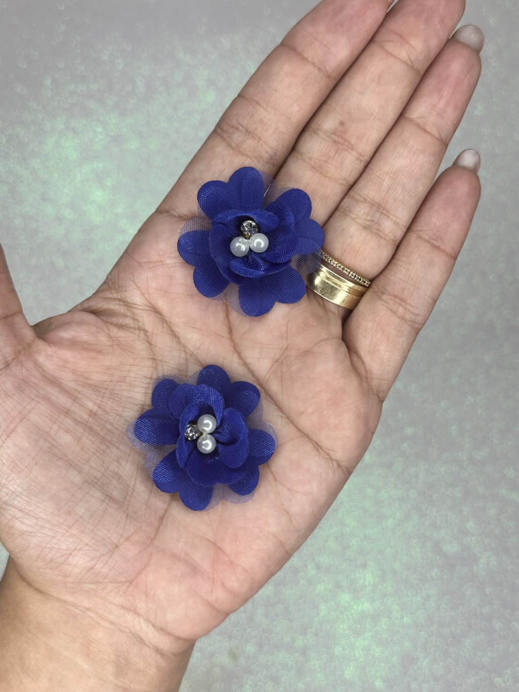 Aplique Flor Coração Organza Strass/Pérola Ref:50302 Lomil AZUL MARINHO 40mm 02Und