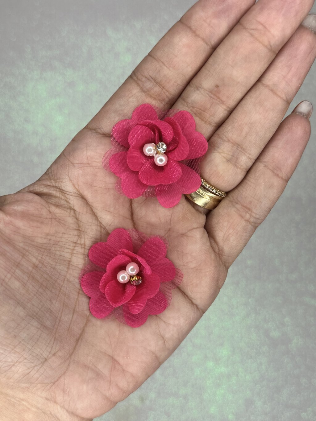 Aplique Flor Coração Organza Strass/Pérola Ref:50302 Lomil PINK 40mm 02Und