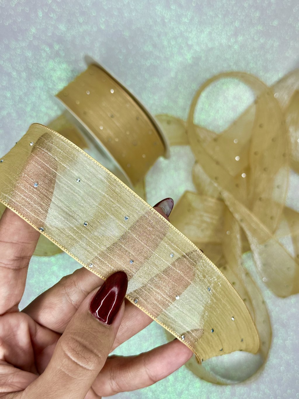 Fita Organza com Strass Mili Ref:49526 DOURADA 38mm 02mt