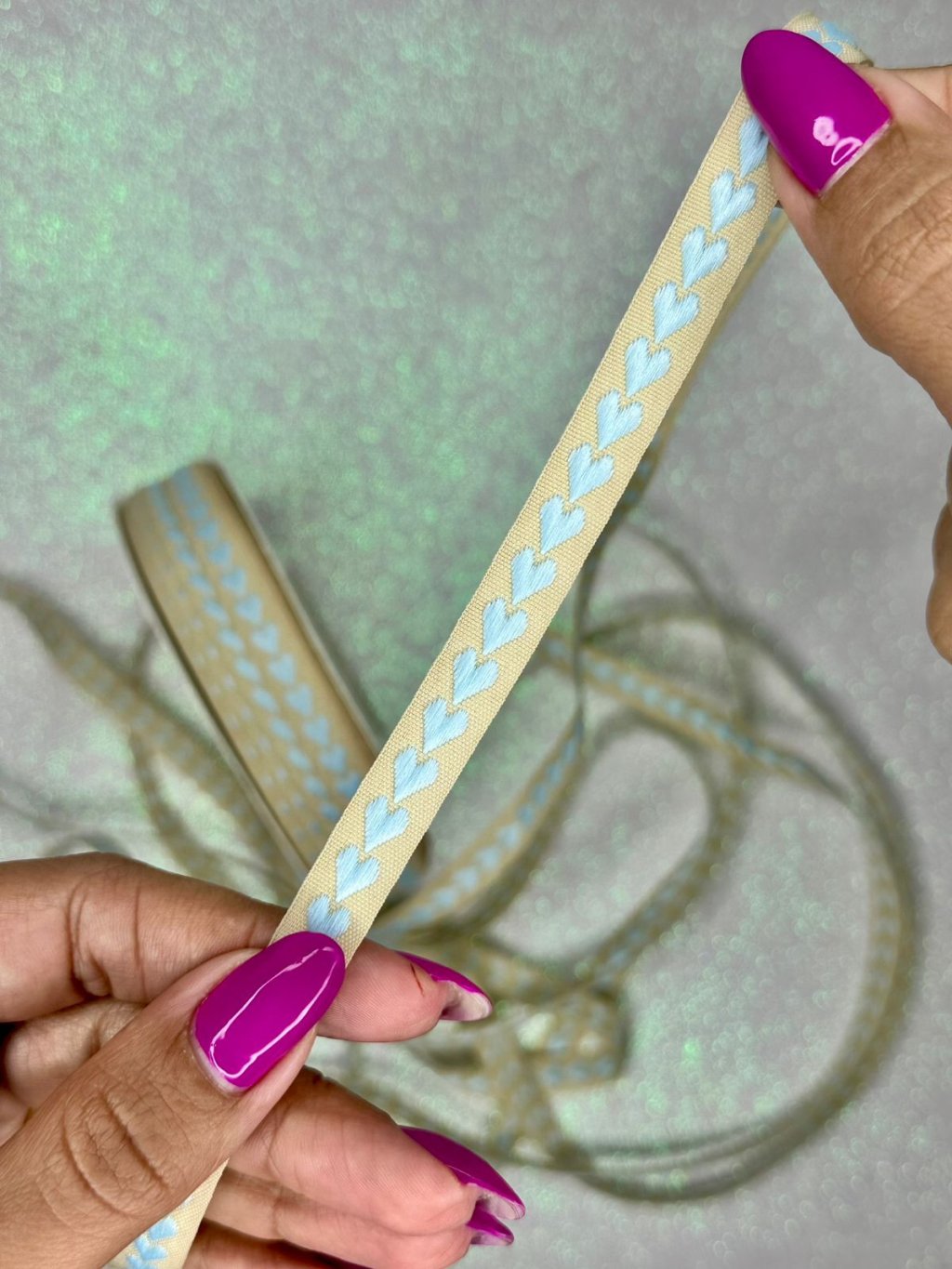 Fita Bordada Coração Mili Ref:49800 BEGE/AZUL CLARO 10mm 02mt