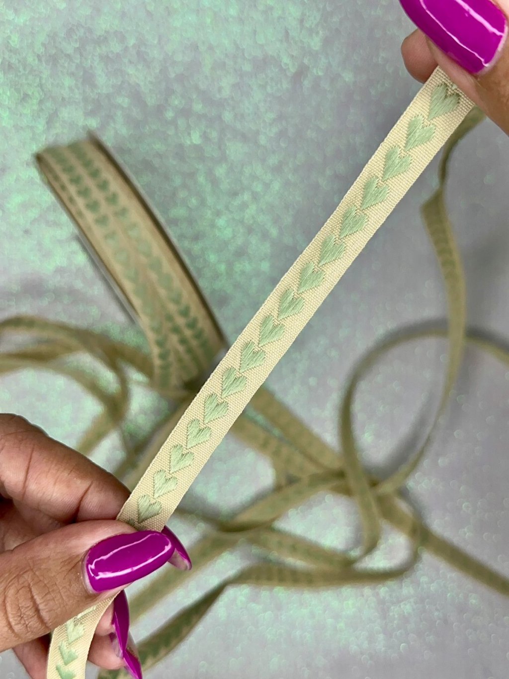 Fita Bordada Coração Mili Ref:49800 BEGE/VERDE SECO 10mm 02mt