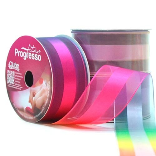 Fita Voil/Cetim Progresso Ref:9774/038 MULTICOR ESCURO 38mm 10mt