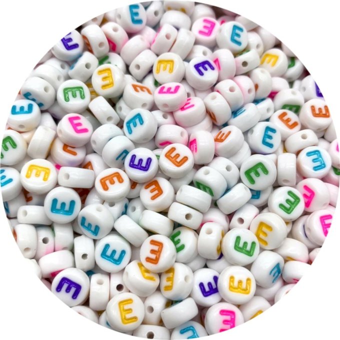 Miçanga Letras(VOGAL E) Redonda Limport BRANCO/COLOR 6mm 20g