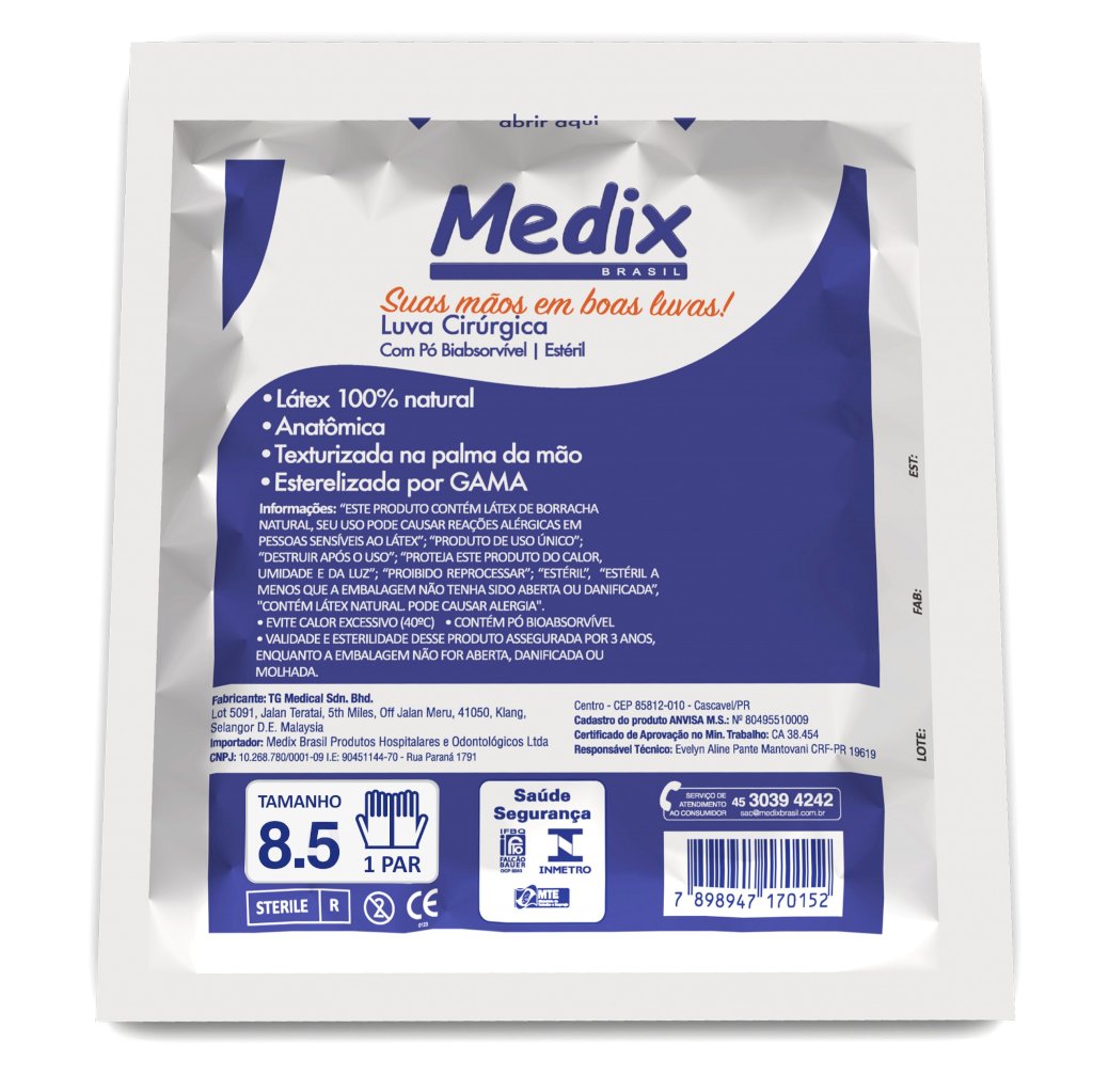 LUVA CIRURGICA LATEX COM PÓ MEDIX TAM 8.5 PAR