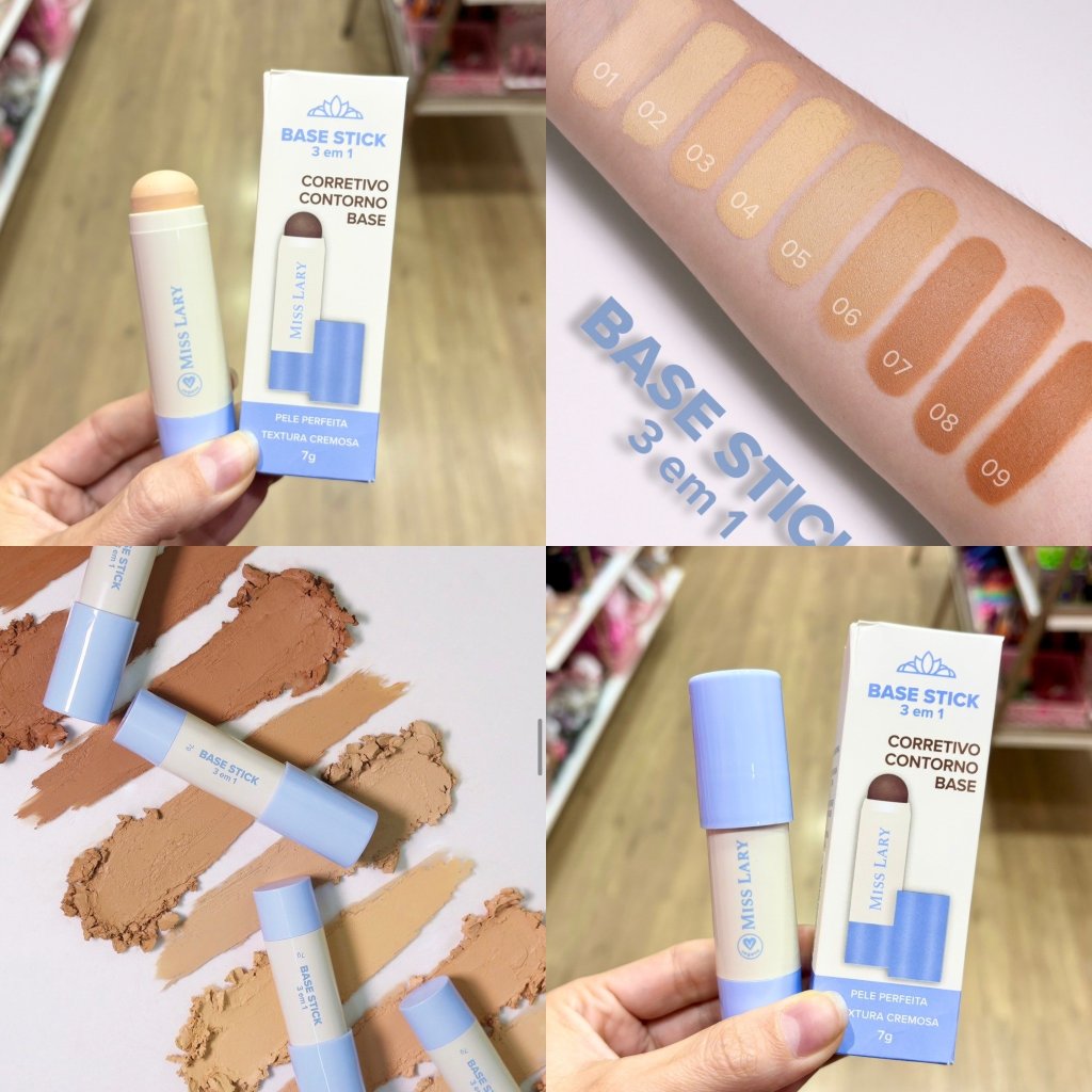 Base Stick 3 em 1 Miss Lary - Base, Corretivo e Contorno