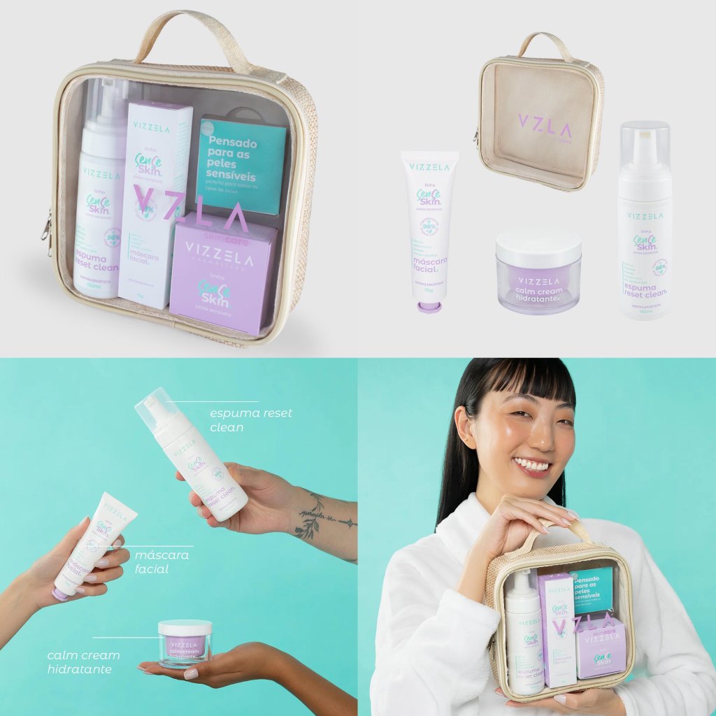Kit Skin Care Peles Sensíveis Espuma de Limpeza Argila Facial Hidratante Vizzela