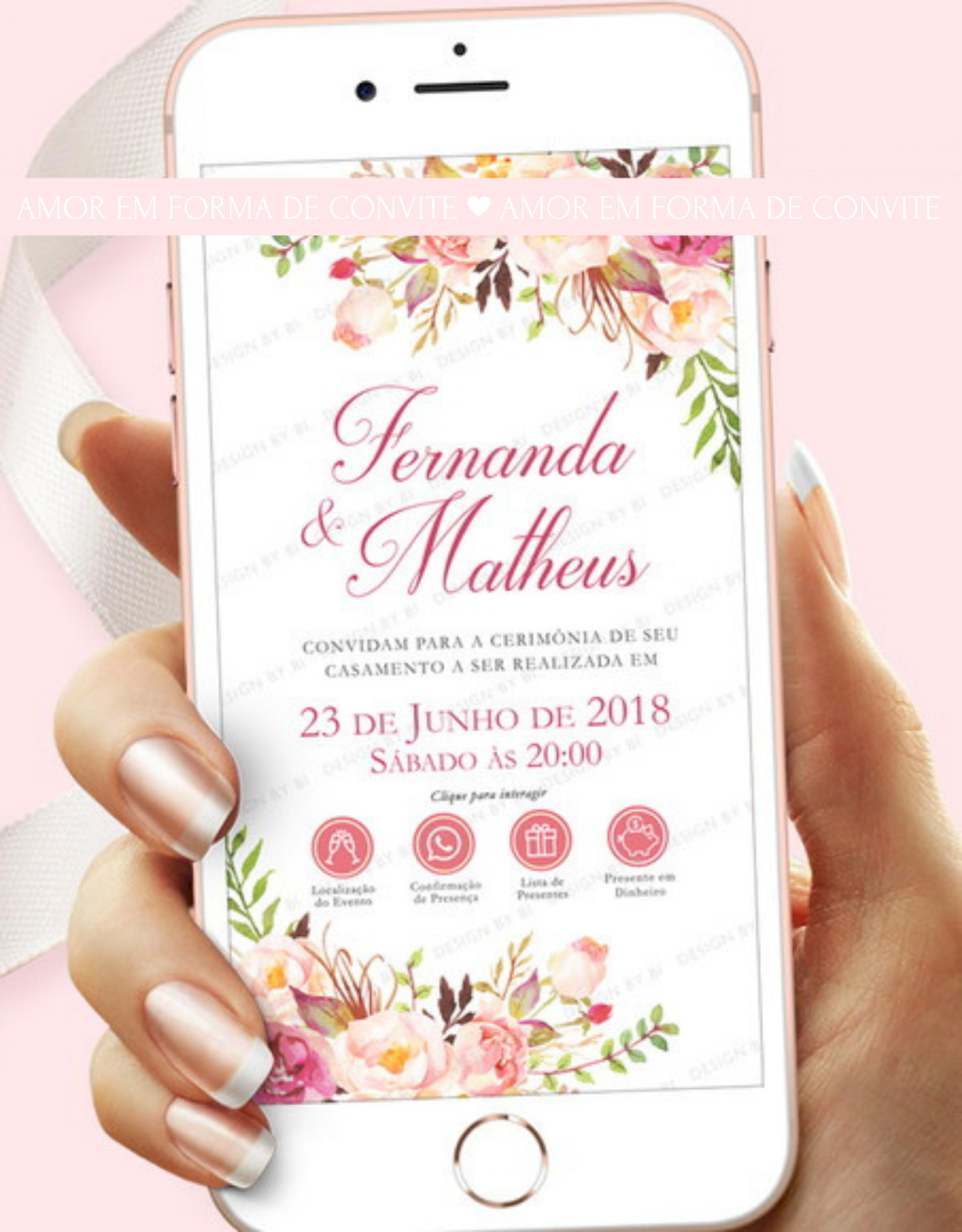 Convite Virtual Digital  Interativo (VIRCAS06) Floral Rose Rosa 