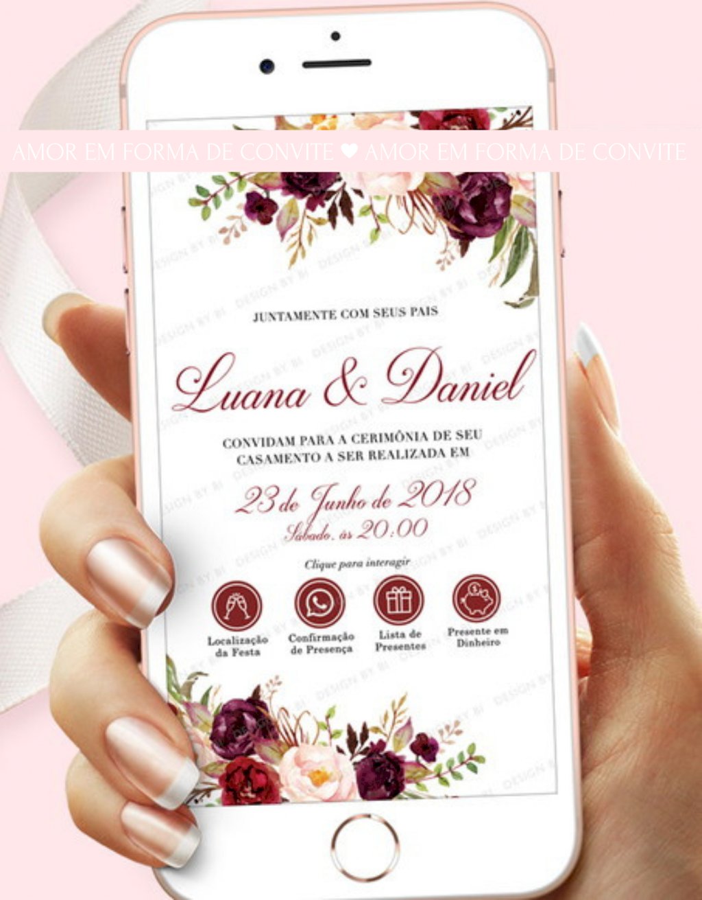 Convite Virtual Digital  Interativo (VIRCAS08) Floral Marsala Rose Rosa